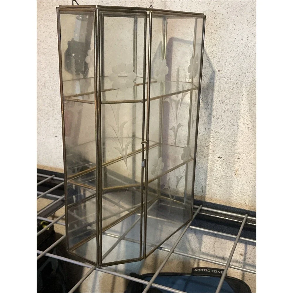 Vintage Etched Glass Brass Display Case Curio Cabinet Mirrored Back Wall Shelf